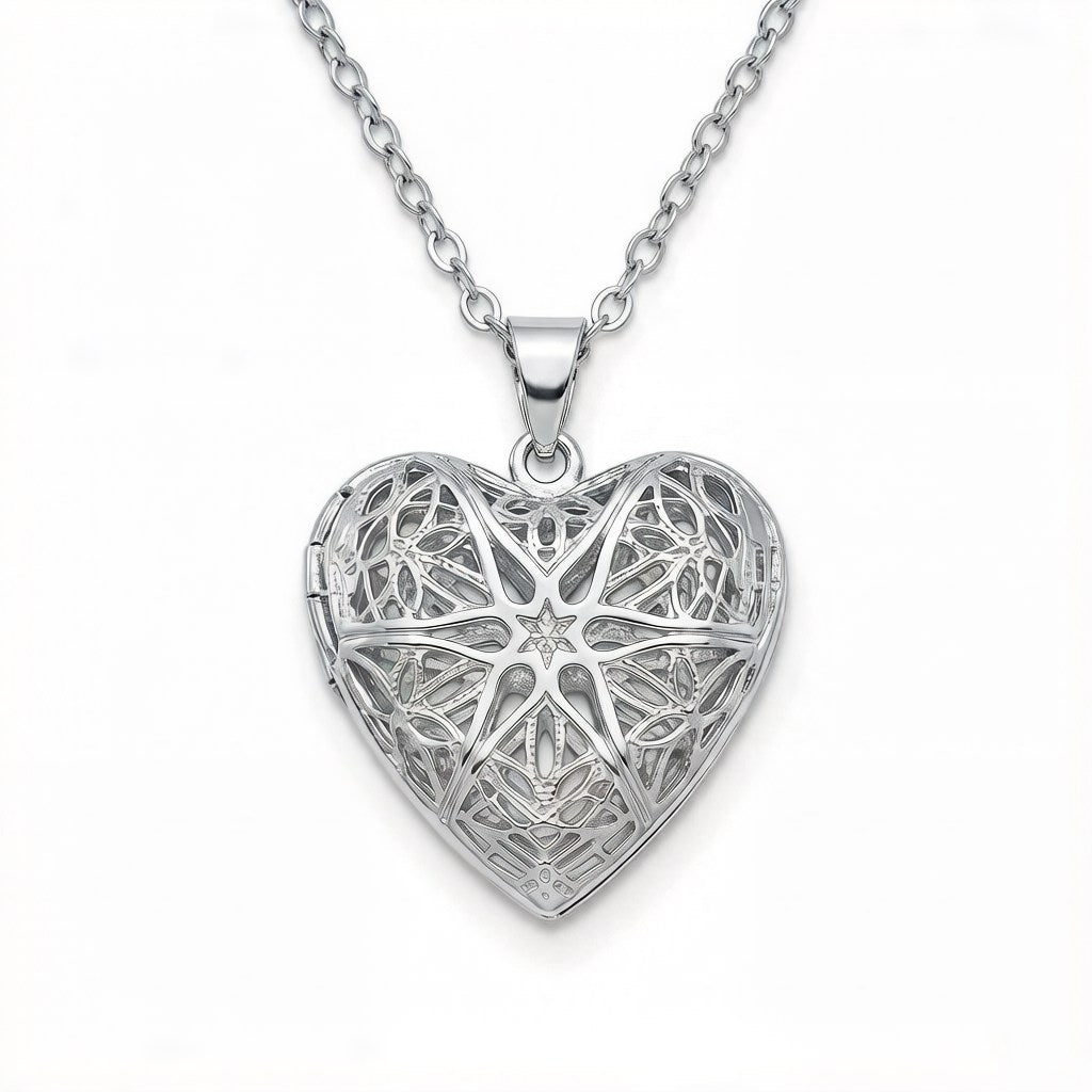Personalized Heart Filigree Heart Photo Locket Necklace - Silver