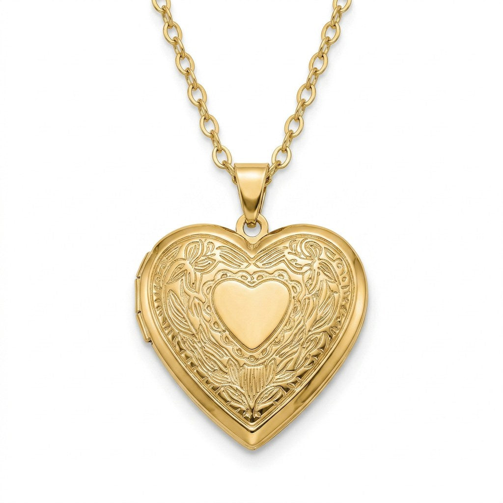 Personalized Heart Floral Heart Photo Locket Necklace - Gold