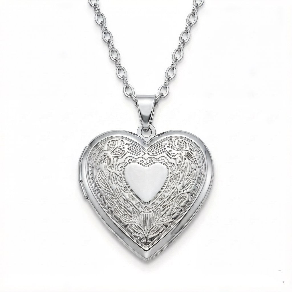 Personalized Heart Floral Heart Photo Locket Necklace - Silver