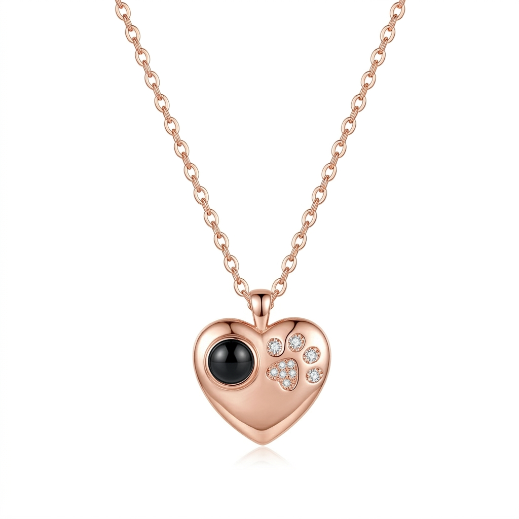 Personalized Heart & Paw Print Photo Projection Necklace - Rose Gold