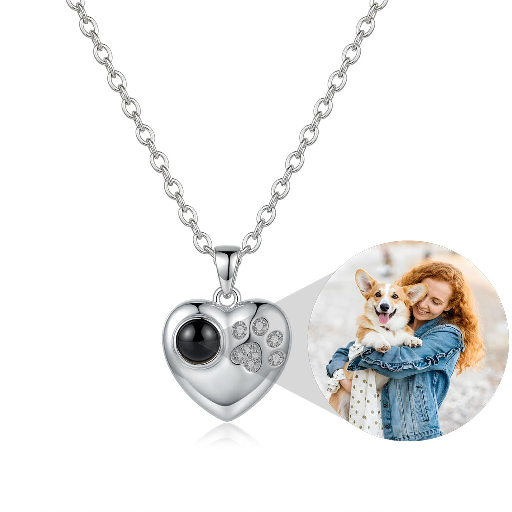 Personalized Heart & Paw Print Photo Projection Necklace - Silver