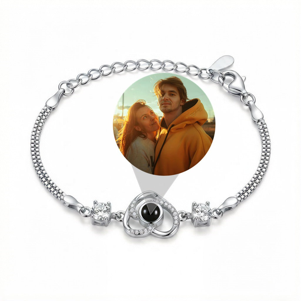 Personalized Heart Pendant Photo Projection Bracelet - Silver