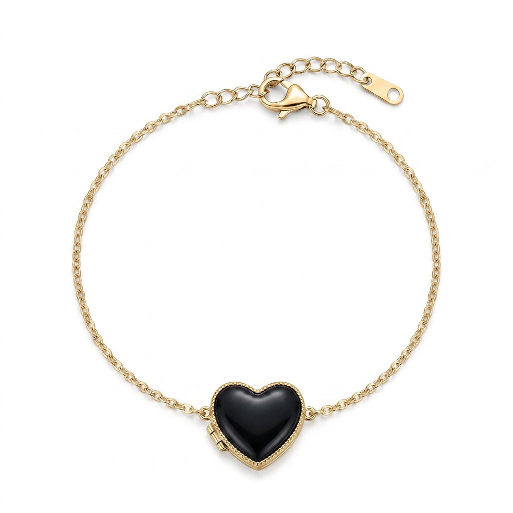 Personalized Heart Photo Locket Bracelet - Gold And Black