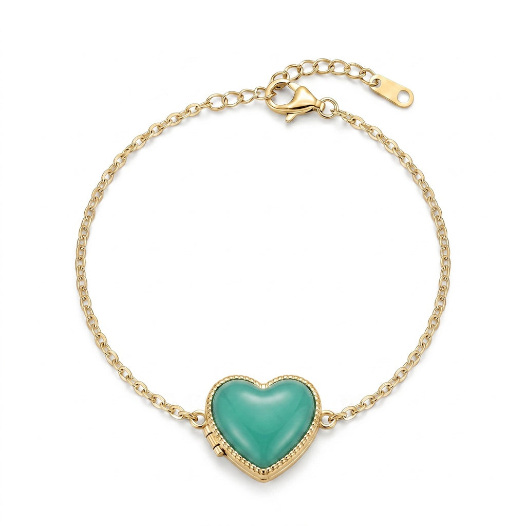 Personalized Heart Photo Locket Bracelet - Gold And Green