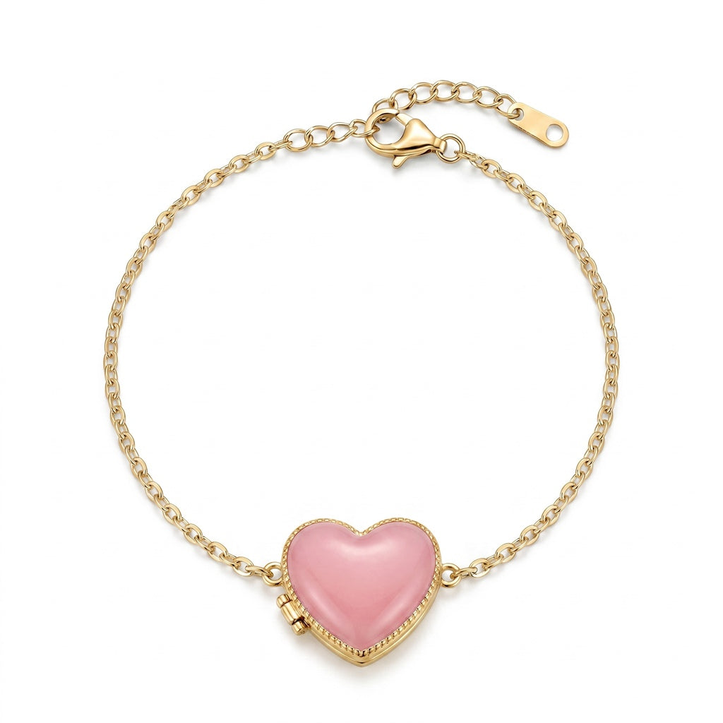 Personalized Heart Photo Locket Bracelet - Gold And Pink