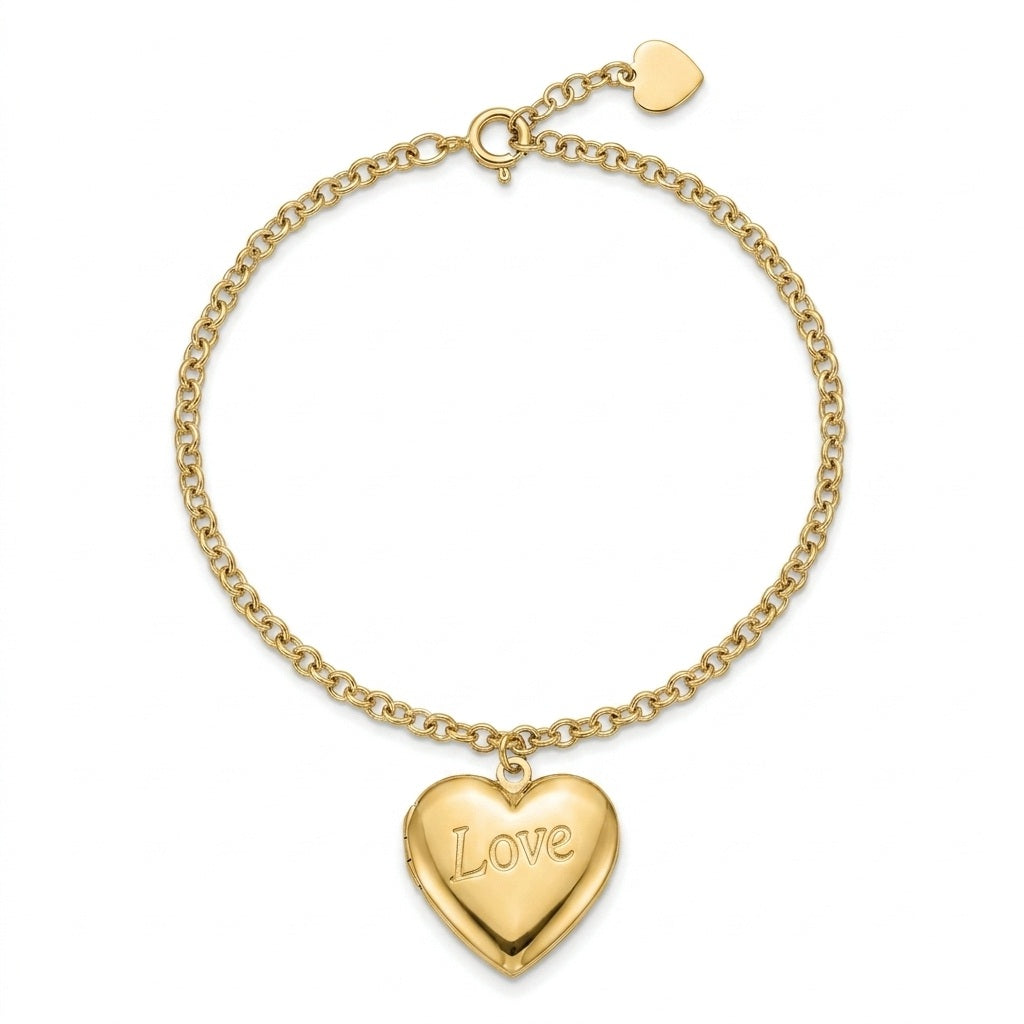 Personalized Heart Photo Locket Bracelet Engraved With "Love" - Gold