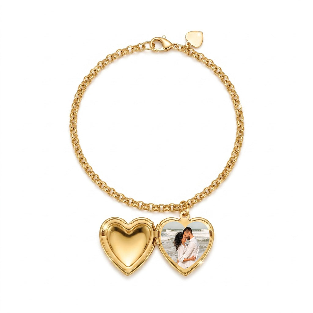 Personalized Heart Photo Locket Bracelet Engraved With "Love" - Gold1
