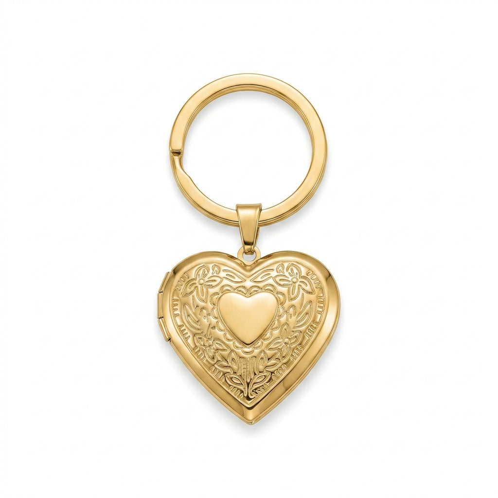 Personalized Heart Photo Locket Keychain - Gold