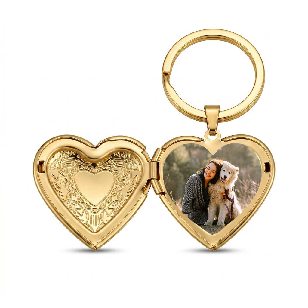 Personalized Heart Photo Locket Keychain - Gold1