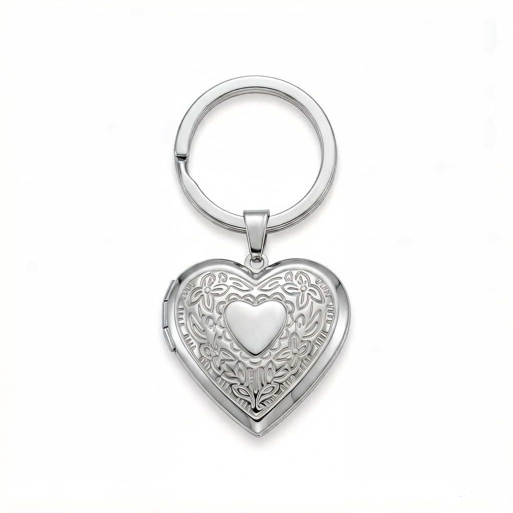 Personalized Heart Photo Locket Keychain - Silver