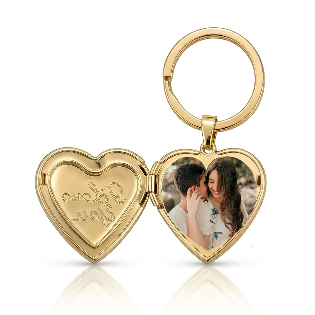 Personalized Heart Photo Locket Keychain With I Love You - Gold1