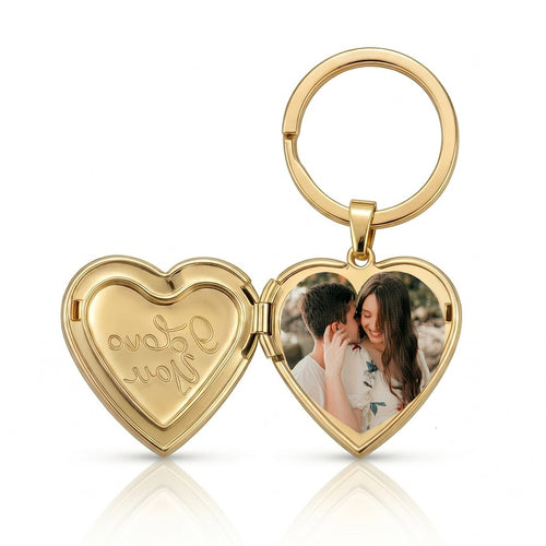 Personalized Heart Photo Locket Keychain With I Love You - Gold1