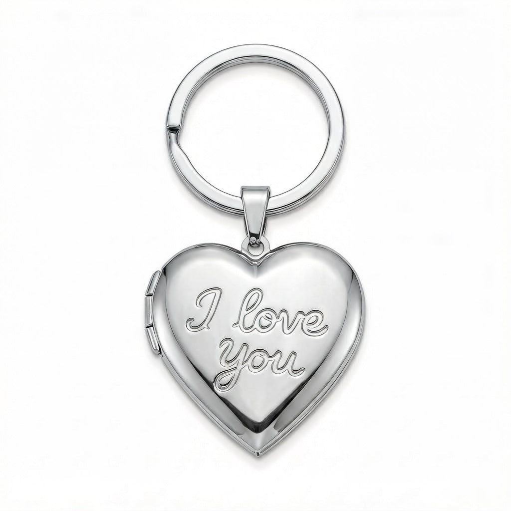 Personalized Heart Photo Locket Keychain With I Love You - Silver