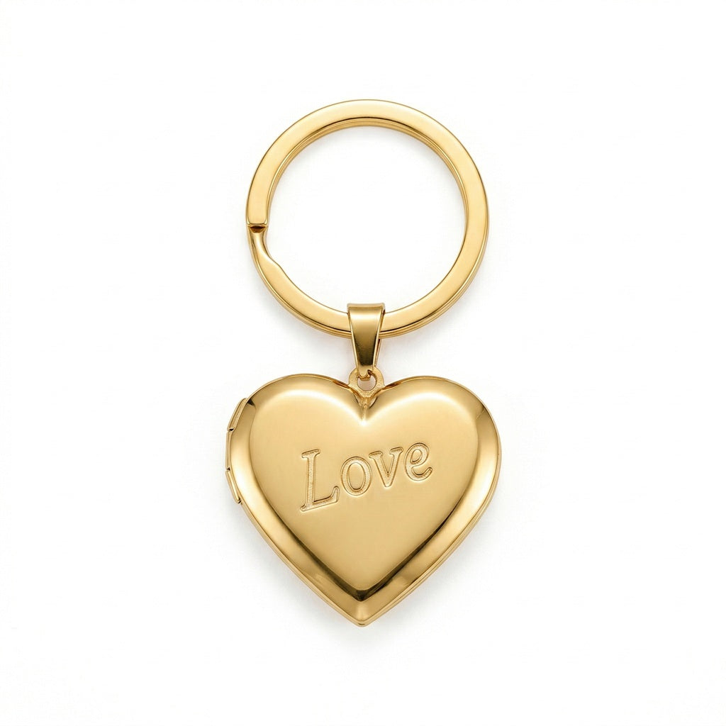 Personalized Heart Photo Locket Keychain With LOVE - Gold