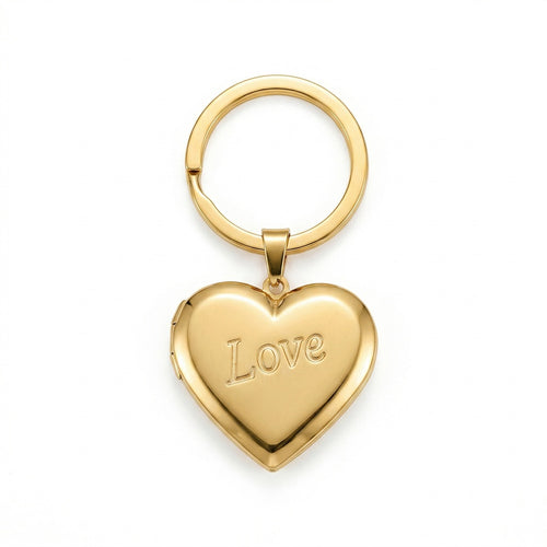Personalized Heart Photo Locket Keychain With LOVE - Gold