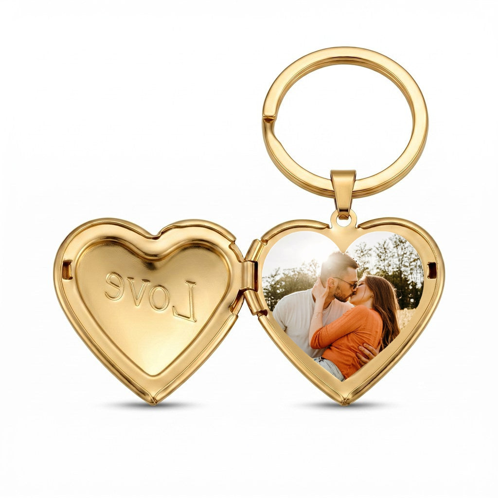 Personalized Heart Photo Locket Keychain With LOVE - Gold1
