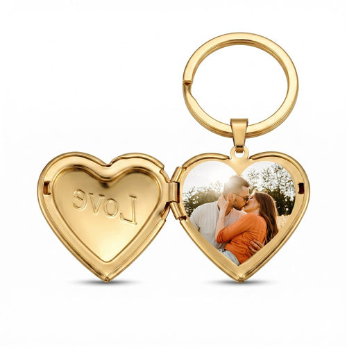 Personalized Heart Photo Locket Keychain With LOVE - Gold1