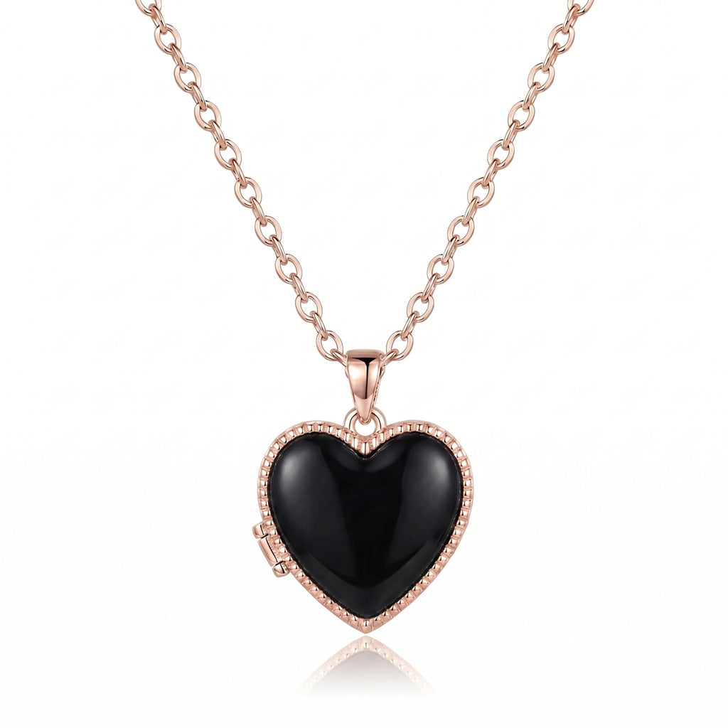 Personalized Heart Photo Locket Necklace - Rose Gold And Black