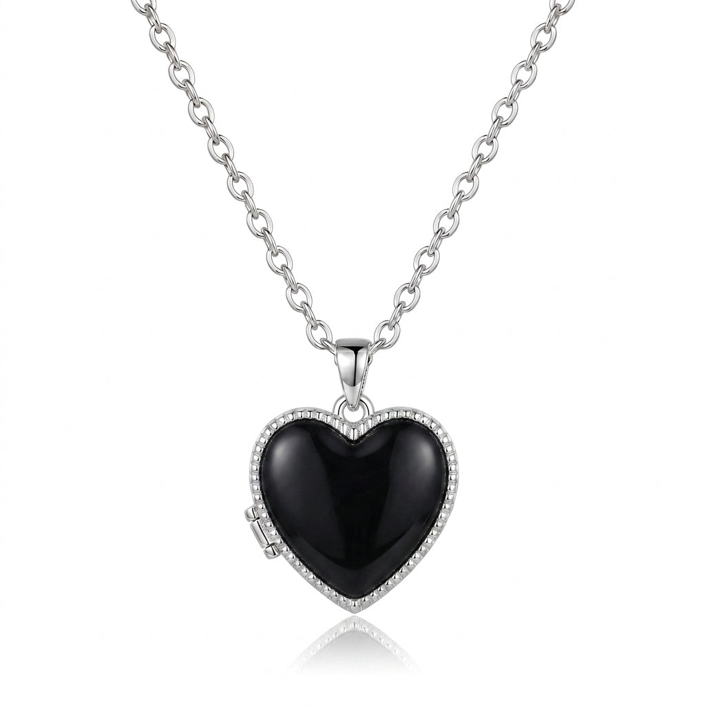 Personalized Heart Photo Locket Necklace - Silver And Black