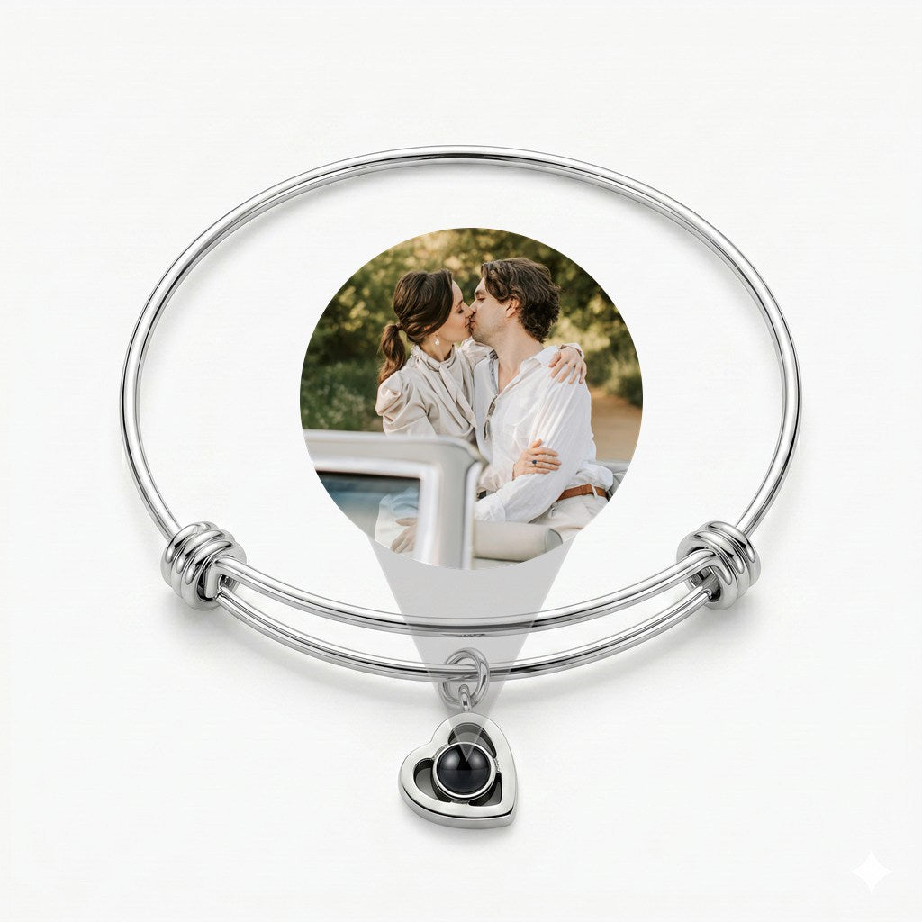Personalized Heart Photo Projection Bangle Bracelet - Silver
