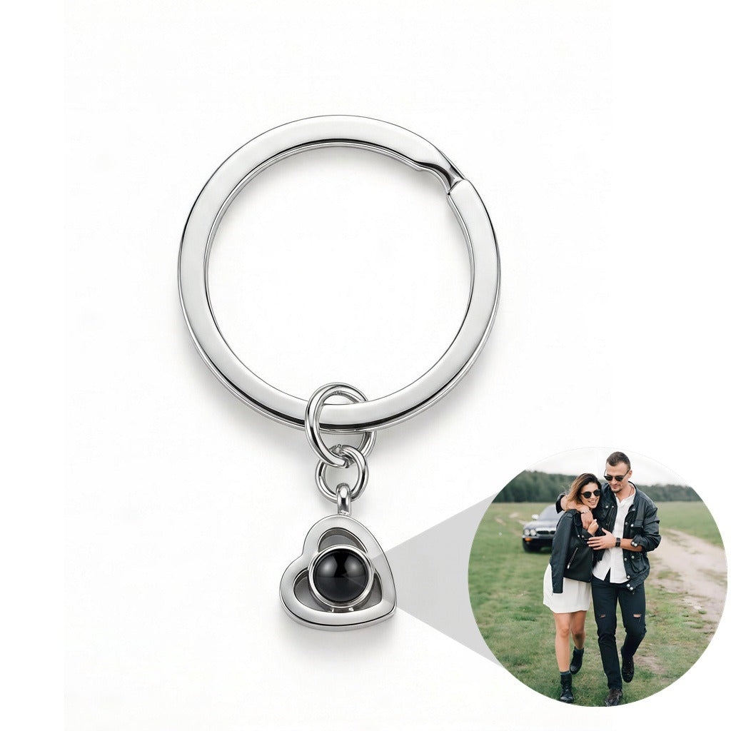 Personalized Heart Photo Projection Keychain - Silver