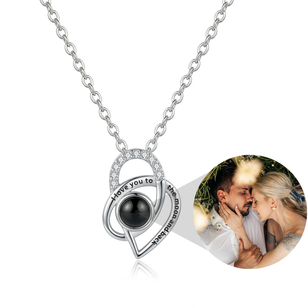 Personalized Heart Photo Projection Necklace Engraved With "I love you to the moon and back"