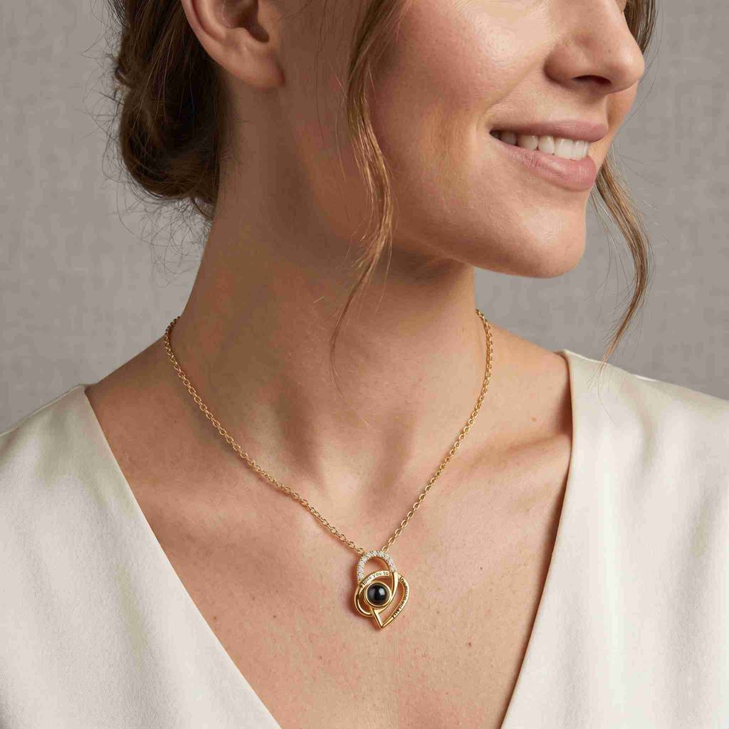 Personalized Heart Photo Projection Necklace Engraved With "I love you to the moon and back" - Gold