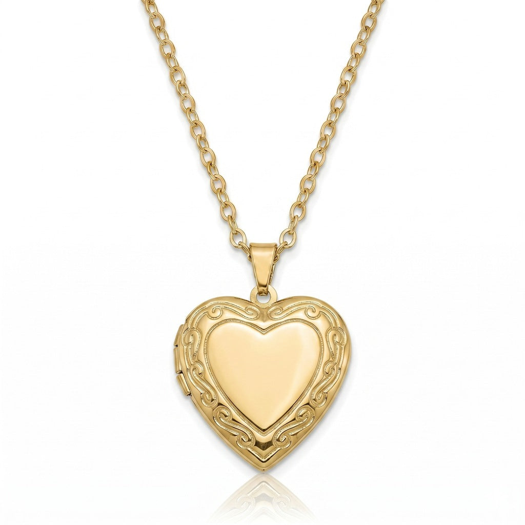 Personalized Heart Scrollwork Heart Photo Locket Necklace - Gold