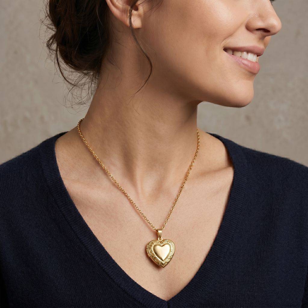 Personalized Heart Scrollwork Heart Photo Locket Necklace - Gold2