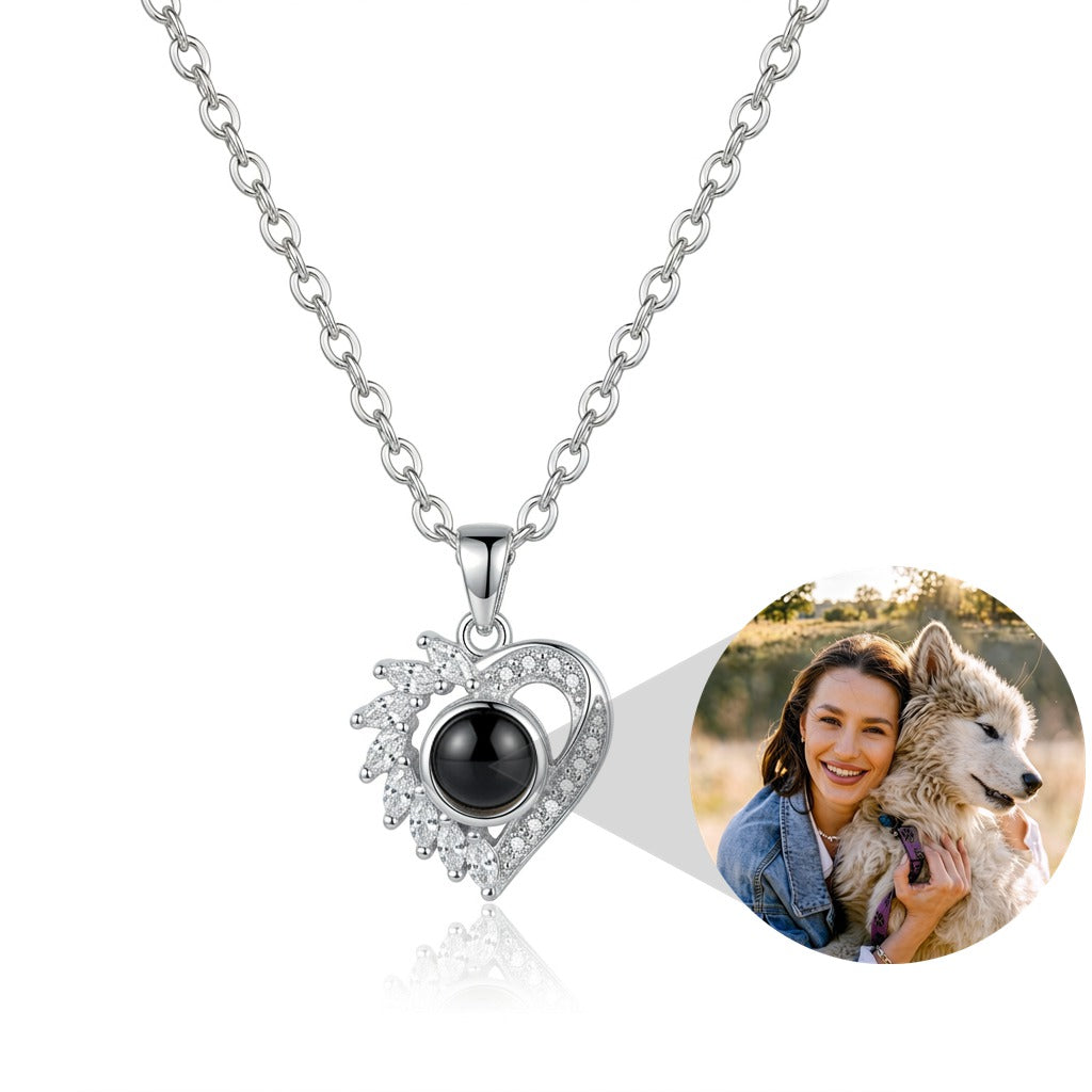 Personalized Heart Wing Photo Projection Necklace - Silver