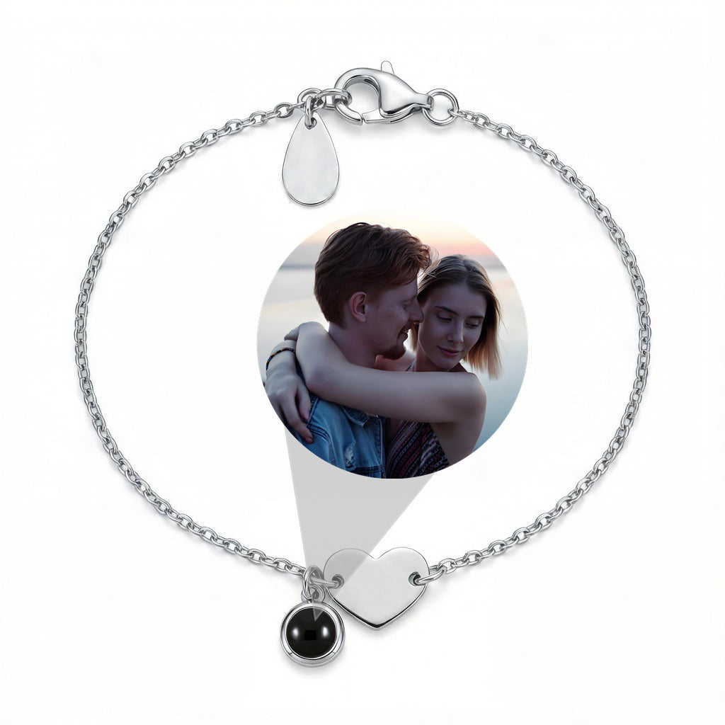 Personalized Heart and Circle Photo Projection Bracelet - Silver
