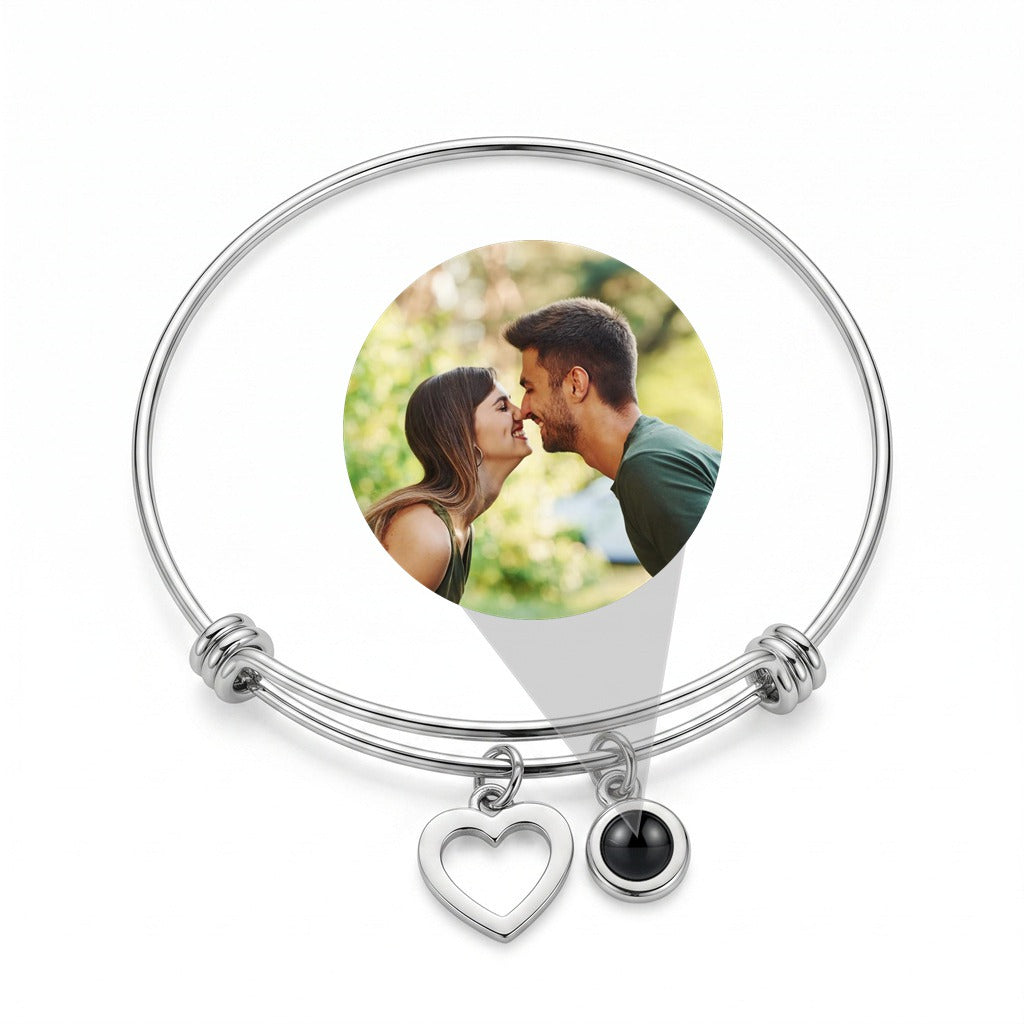 Personalized Hollow Heart Photo Projection Bangle Bracelet - Silver