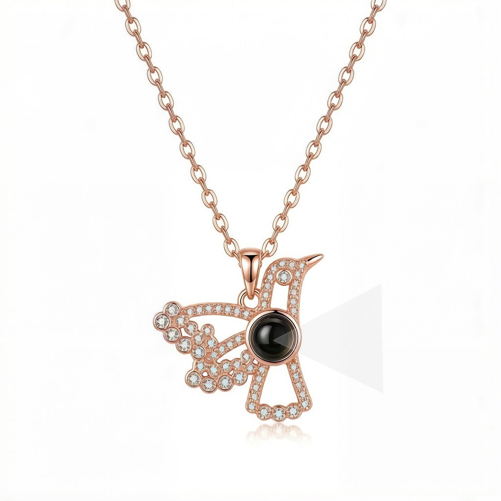 Personalized Hummingbird Photo Projection Necklace - Rose Gold