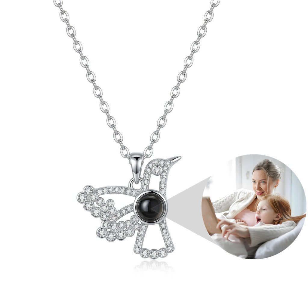 Personalized Hummingbird Photo Projection Necklace - Silver