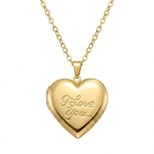 Personalized "I Love You" Heart Photo Locket Necklace - Gold