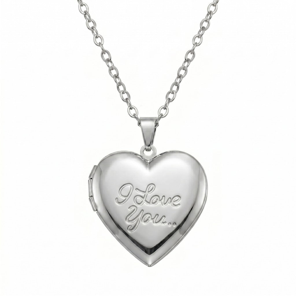Personalized "I Love You" Heart Photo Locket Necklace - Silver