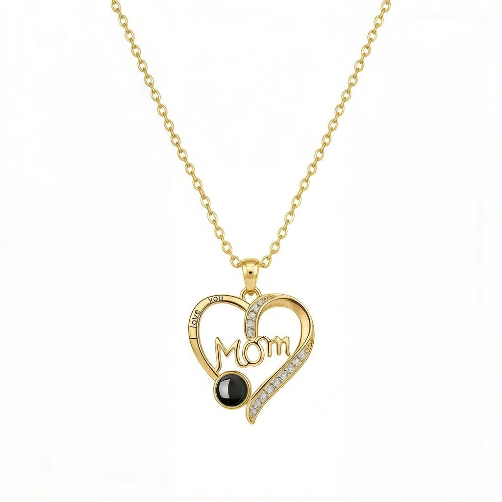 Personalized I Love You Mom Heart Photo Projection Necklace - Gold