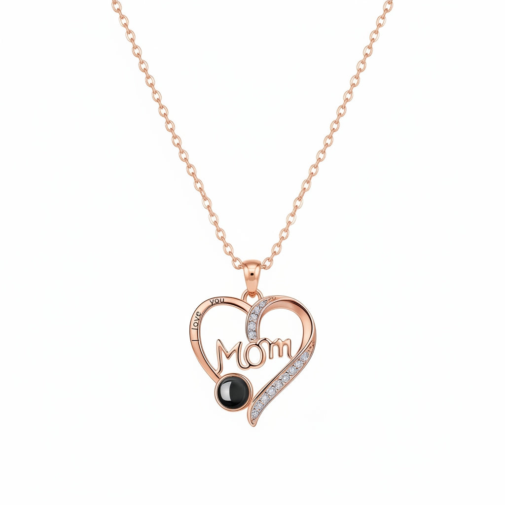 Personalized I Love You Mom Heart Photo Projection Necklace - Rose Gold