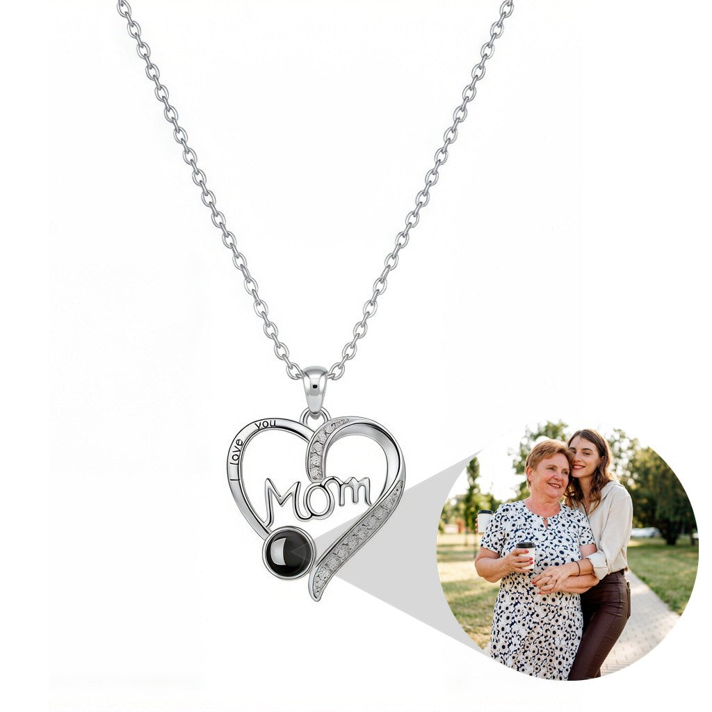 Personalized I Love You Mom Heart Photo Projection Necklace - Silver