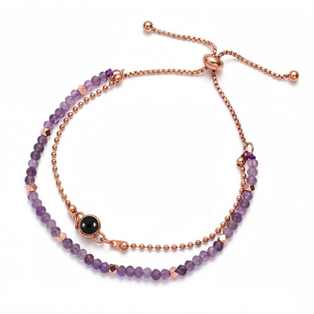 Personalized Layered Snake Chain Photo Projection Bracelet - Amethyst