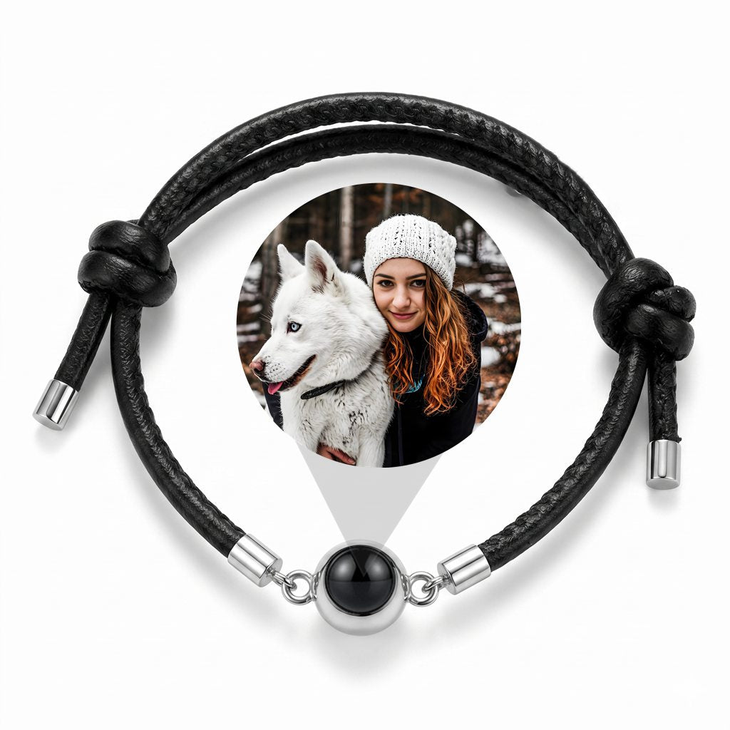 Personalized Leather Cord Circle Photo Projection Bracelet