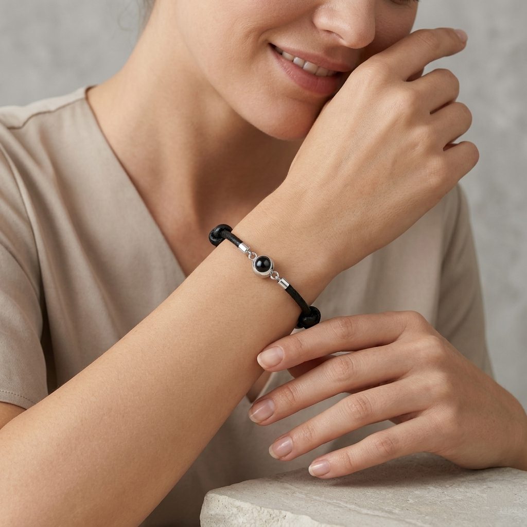 Personalized Leather Cord Circle Photo Projection Bracelet1