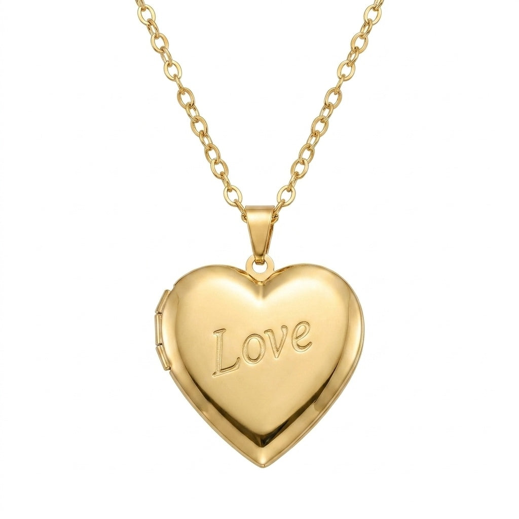 Personalized "Love" Engraved Heart Photo Locket Necklace - Gold