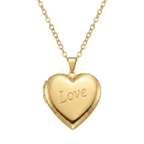 Personalized "Love" Engraved Heart Photo Locket Necklace - Gold