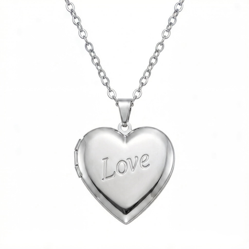Personalized "Love" Engraved Heart Photo Locket Necklace - Silver