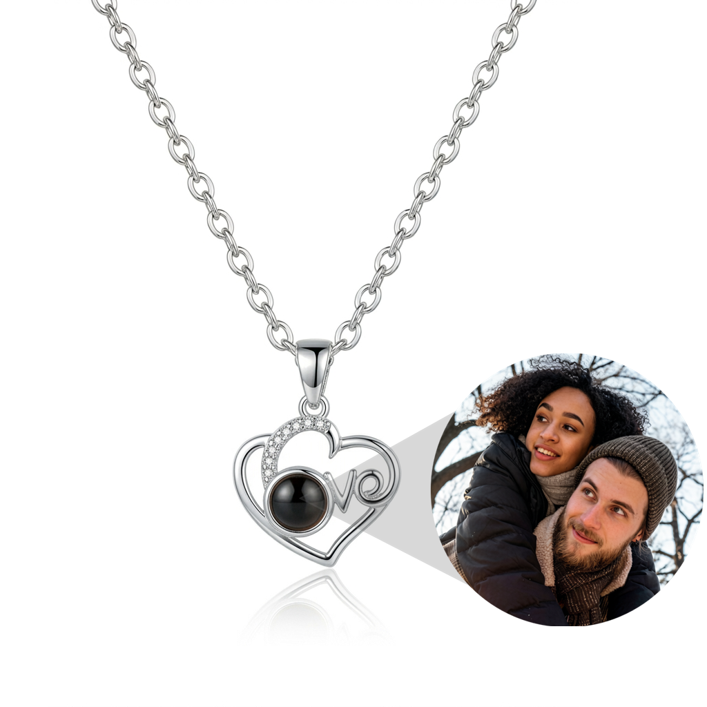 Personalized “Love” Heart Photo Projection Necklace - Silver