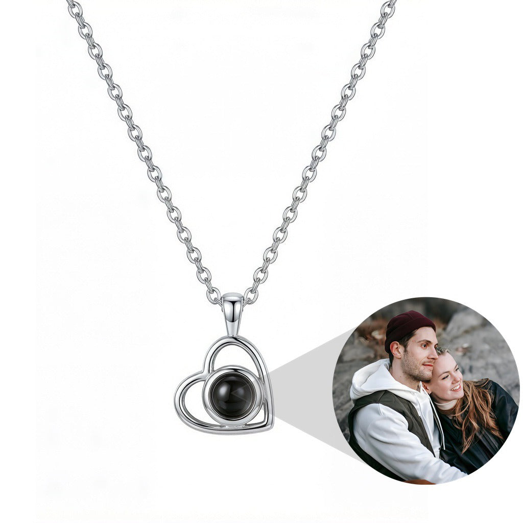 Personalized Minimalist Heart Photo Projection Necklace - Silver