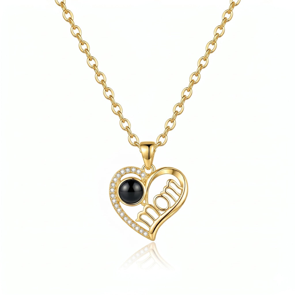 Personalized Mom Heart Photo Projection Necklace - Gold