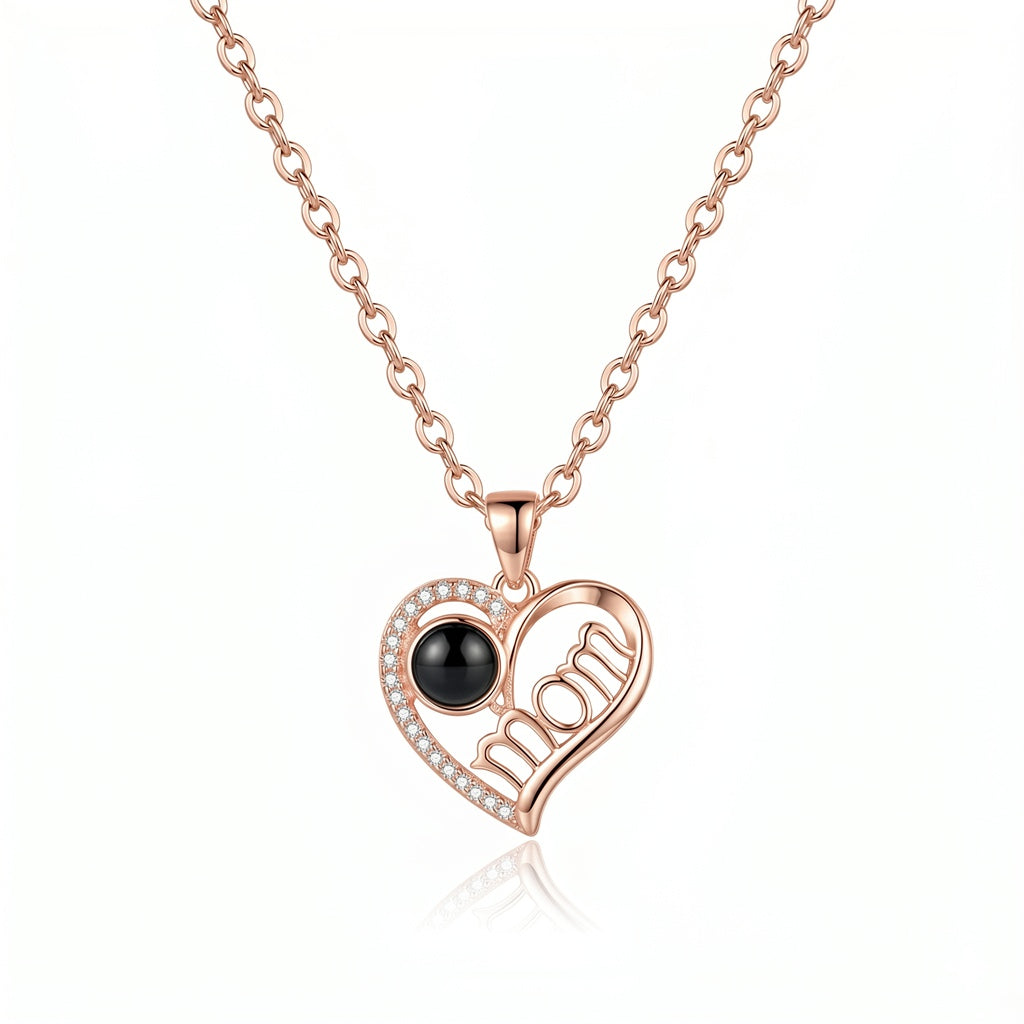 Personalized Mom Heart Photo Projection Necklace - Rose Gold