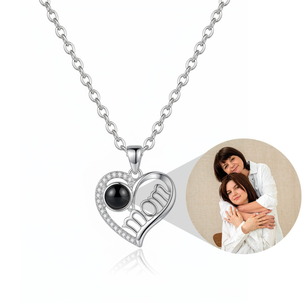 Personalized Mom Heart Photo Projection Necklace - Silver